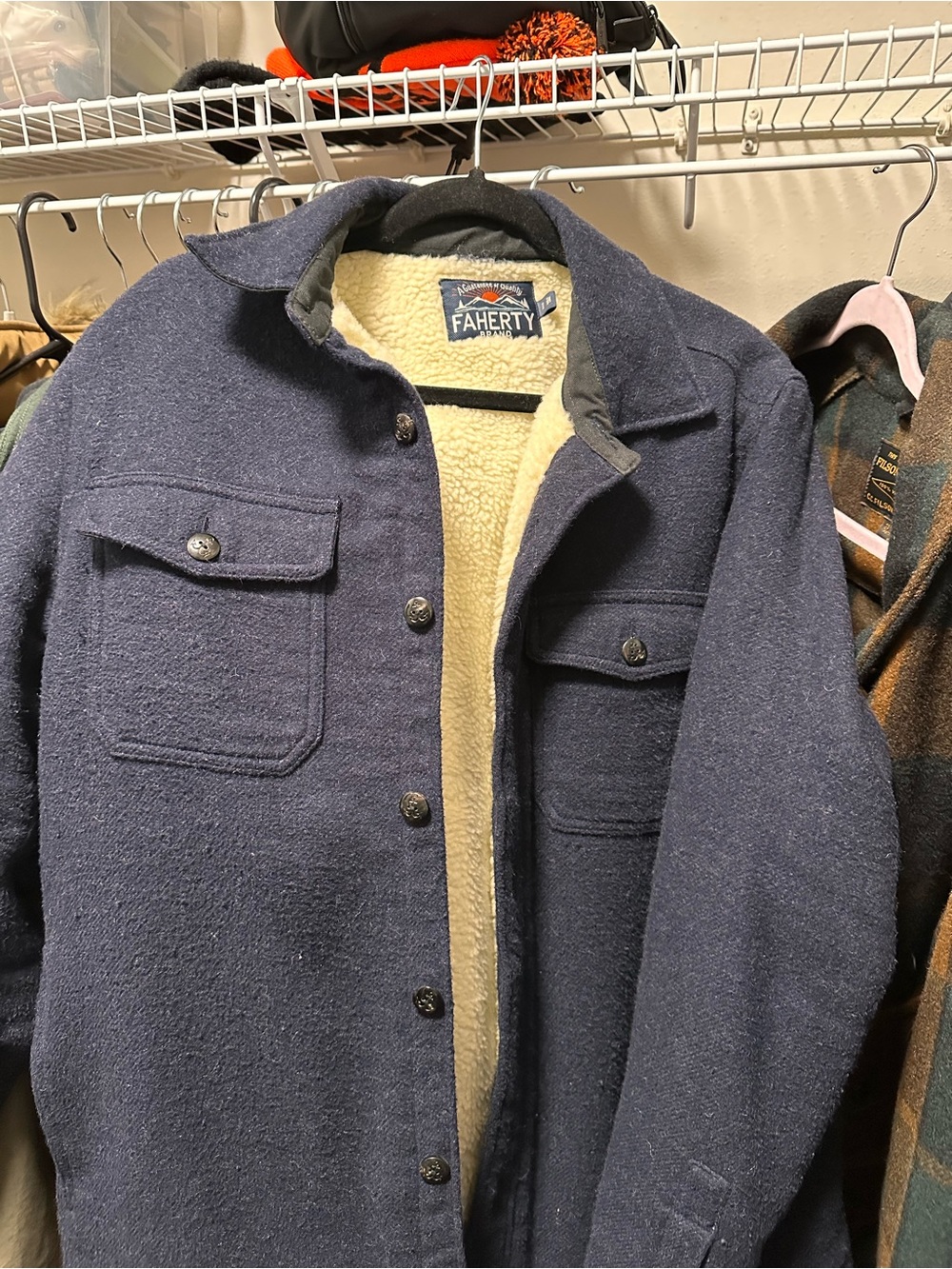 Faherty Navy Sherpa-Lined Wool Jacket